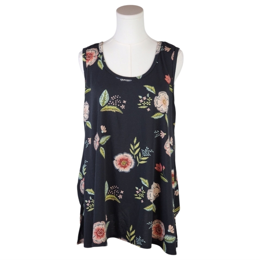 LuLaRoe Black Floral Sleeveless Tank Top M Flowy Relaxed Fit Stretch Made in USA